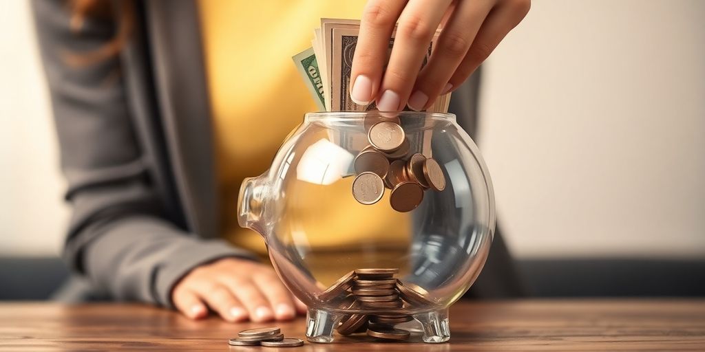 Person joyfully saving money, with coins and bills