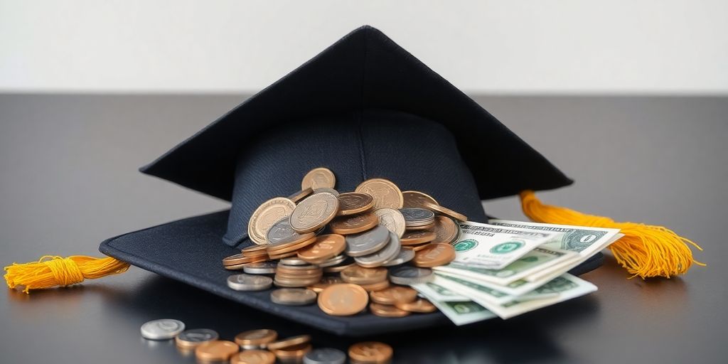 Graduation cap with money falling out.