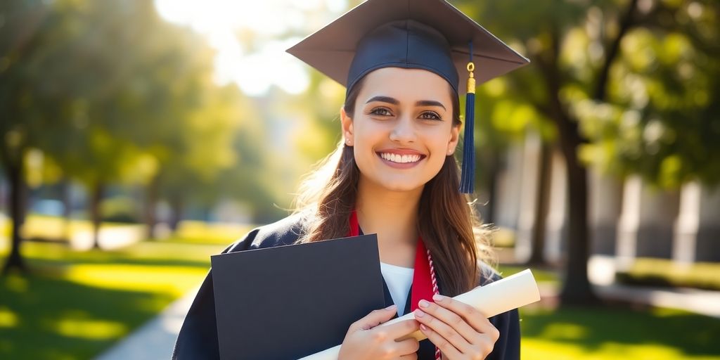 College student holding graduation cap and diploma happily.