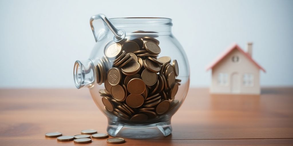 Piggy bank, coins, house, person