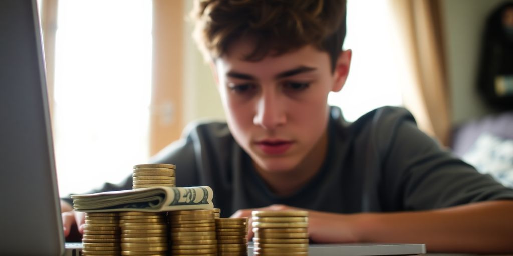 Student with laptop, stack of money.