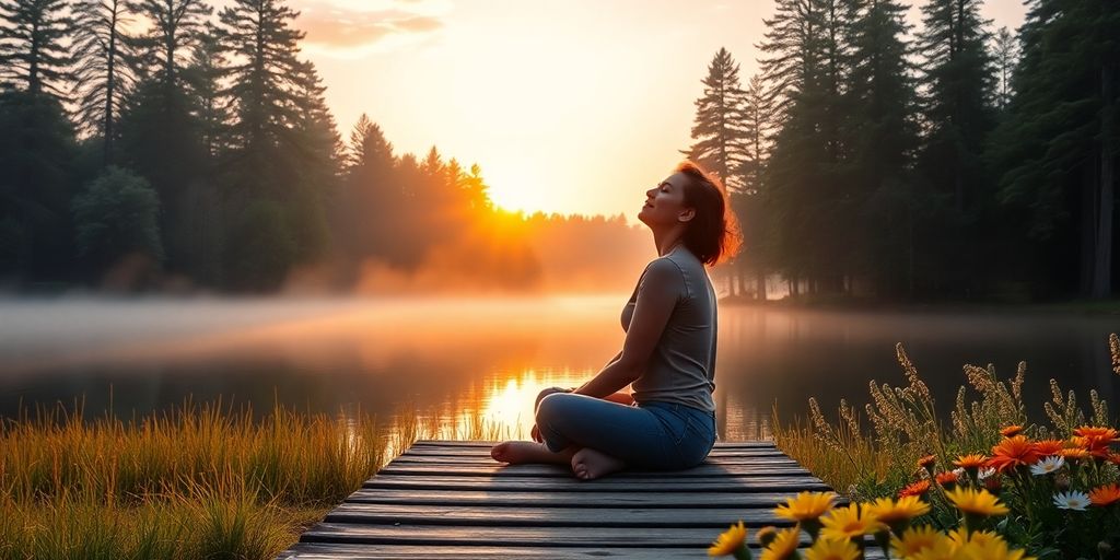 Person meditating on wooden dock by misty lake at sunrise
