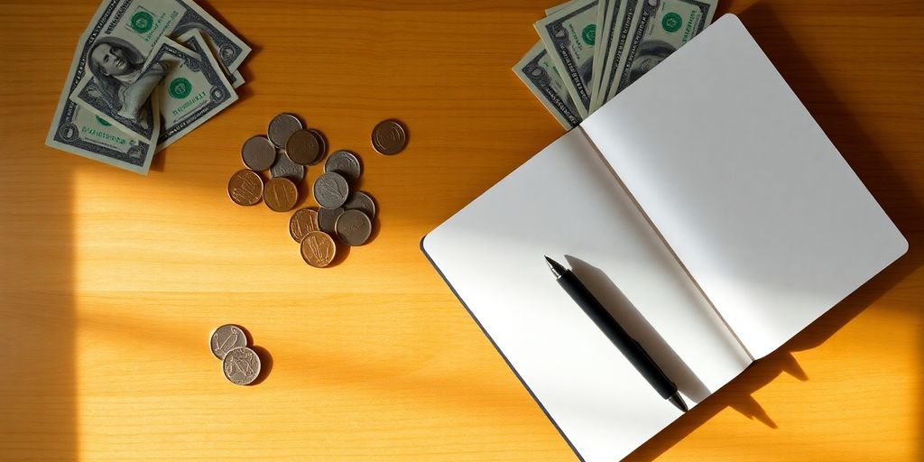Table with coins and bills, a pen, and a notebook.